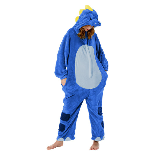 OLAOLA Unisex Adult Plush Blue Dinosaur Animals Onesie Pajamas Warm Home One-Piece Sleepwear