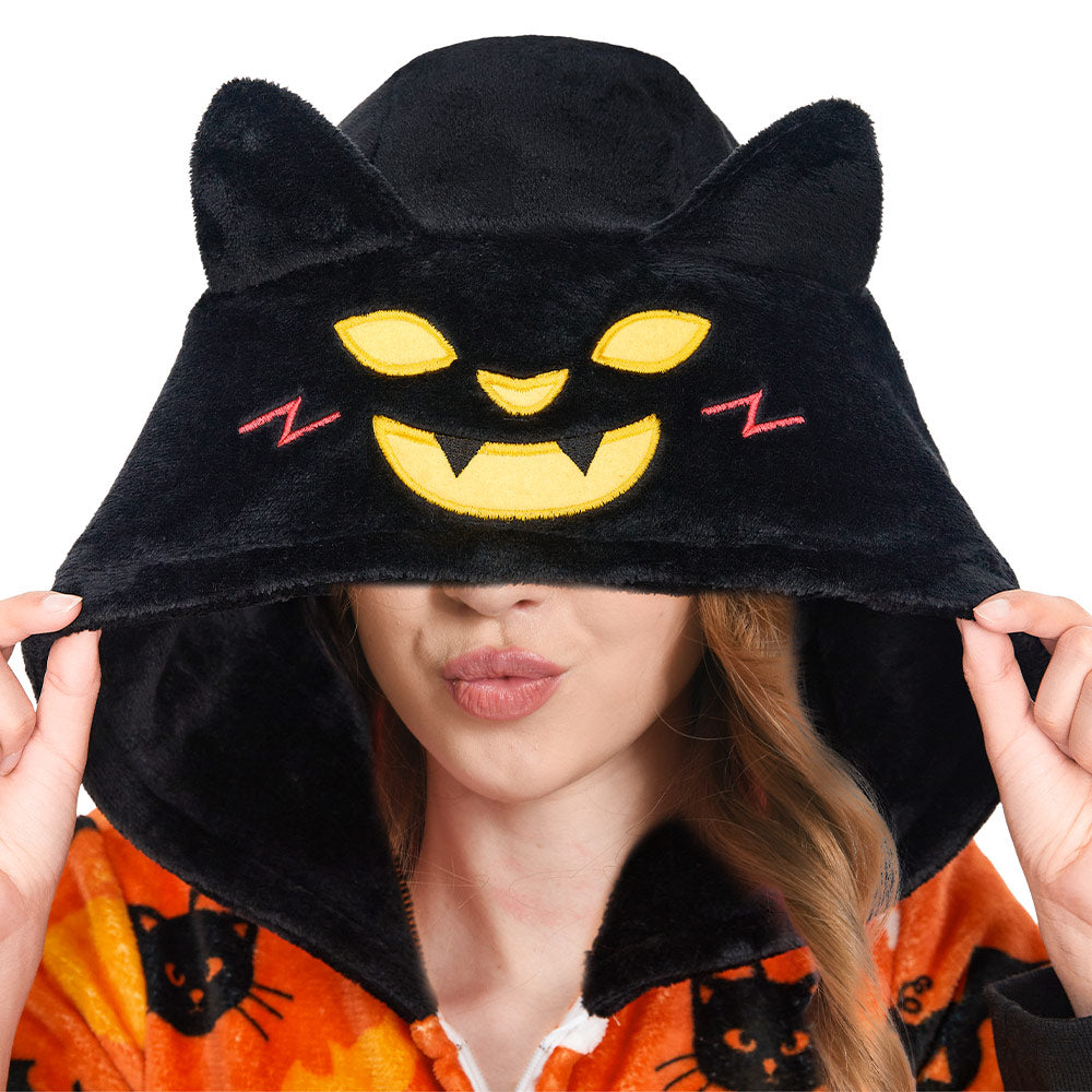 OLAOLA Yellow Printed Cat Pajamas Plush Animals Onesie Adult Soft Sleepwear Halloween Carnival Suit