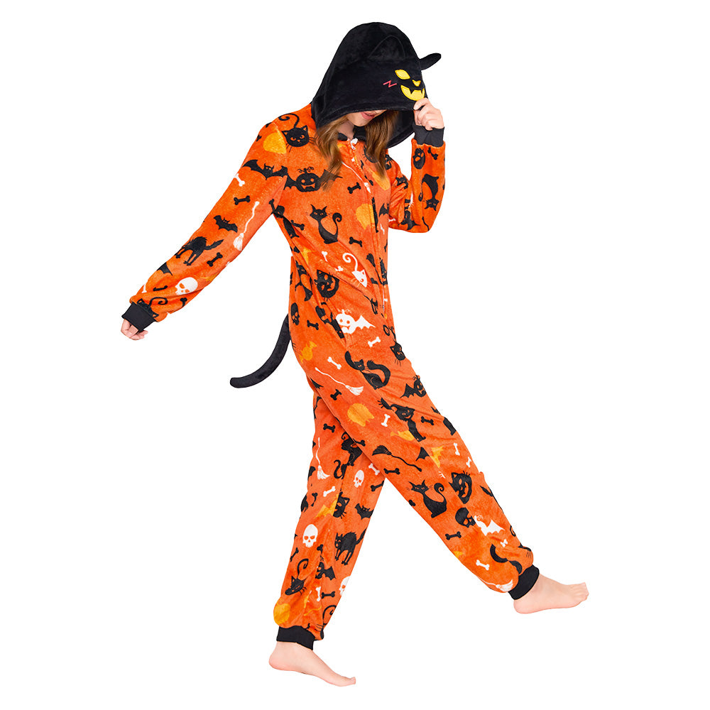 OLAOLA Yellow Printed Cat Pajamas Plush Animals Onesie Adult Soft Sleepwear Halloween Carnival Suit