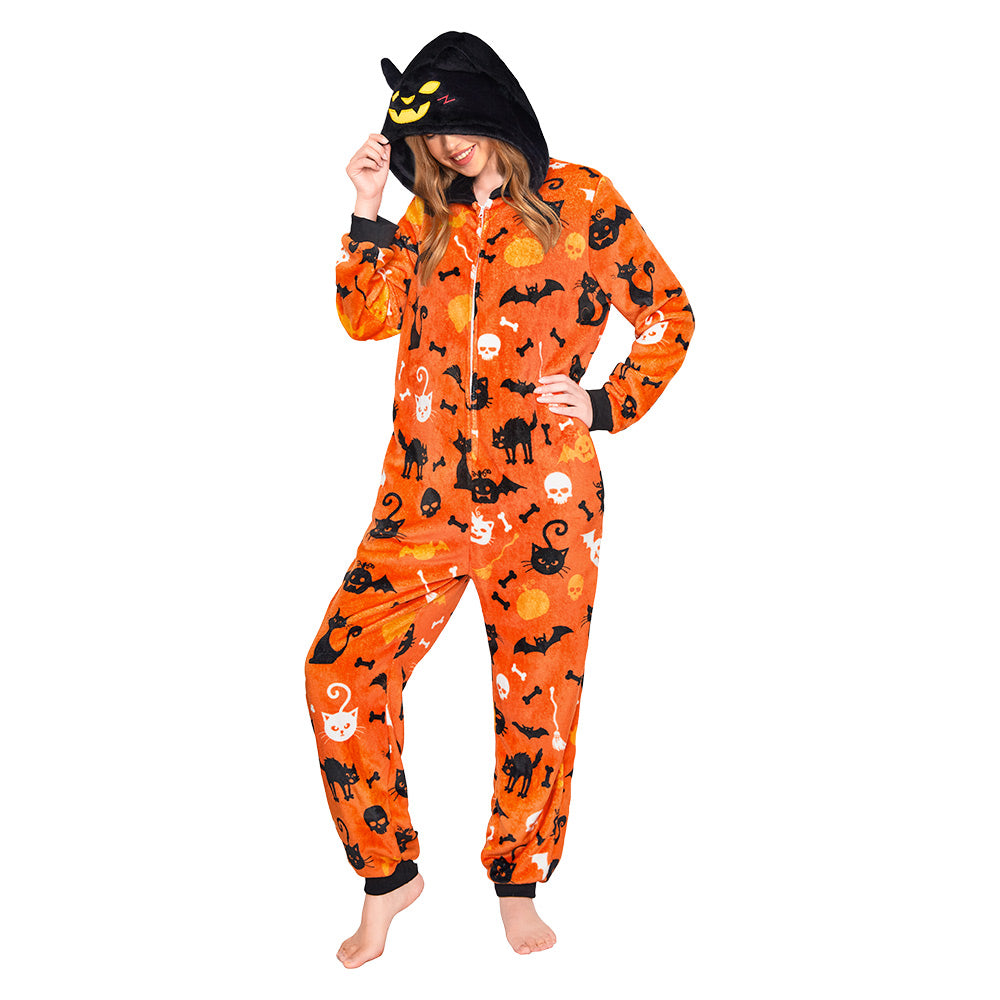 OLAOLA Yellow Printed Cat Pajamas Plush Animals Onesie Adult Soft Sleepwear Halloween Carnival Suit