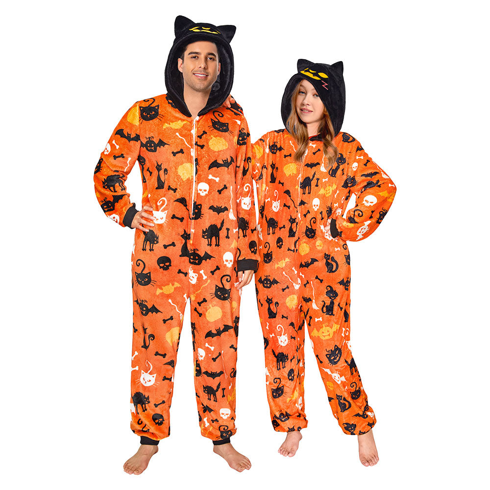 OLAOLA Yellow Printed Cat Pajamas Plush Animals Onesie Adult Soft Sleepwear Halloween Carnival Suit