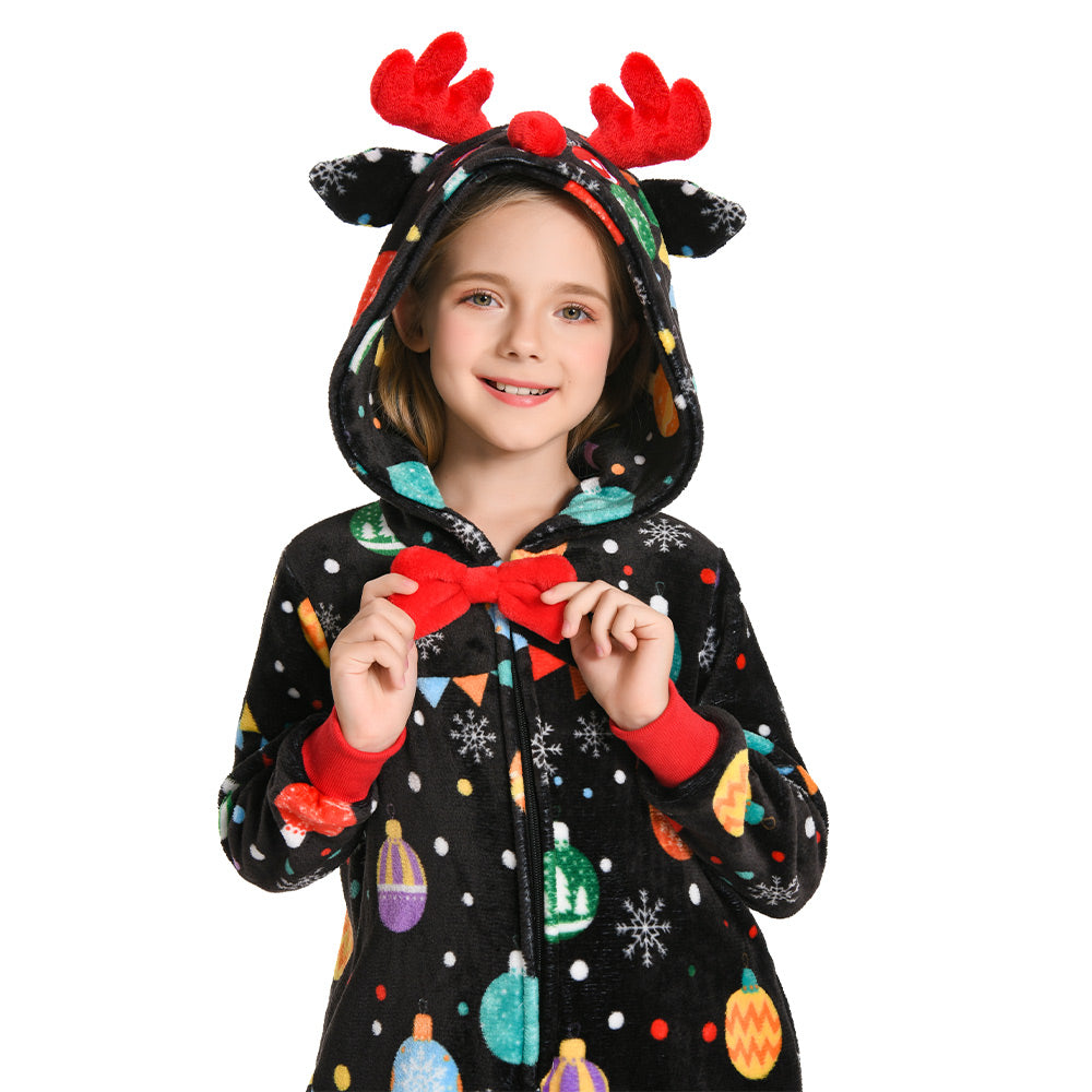 OLAOLA Kids Elk Printed Colored Lights Black Pajamas Plush Animals Onesie Sleepwear Christmas Party Suit