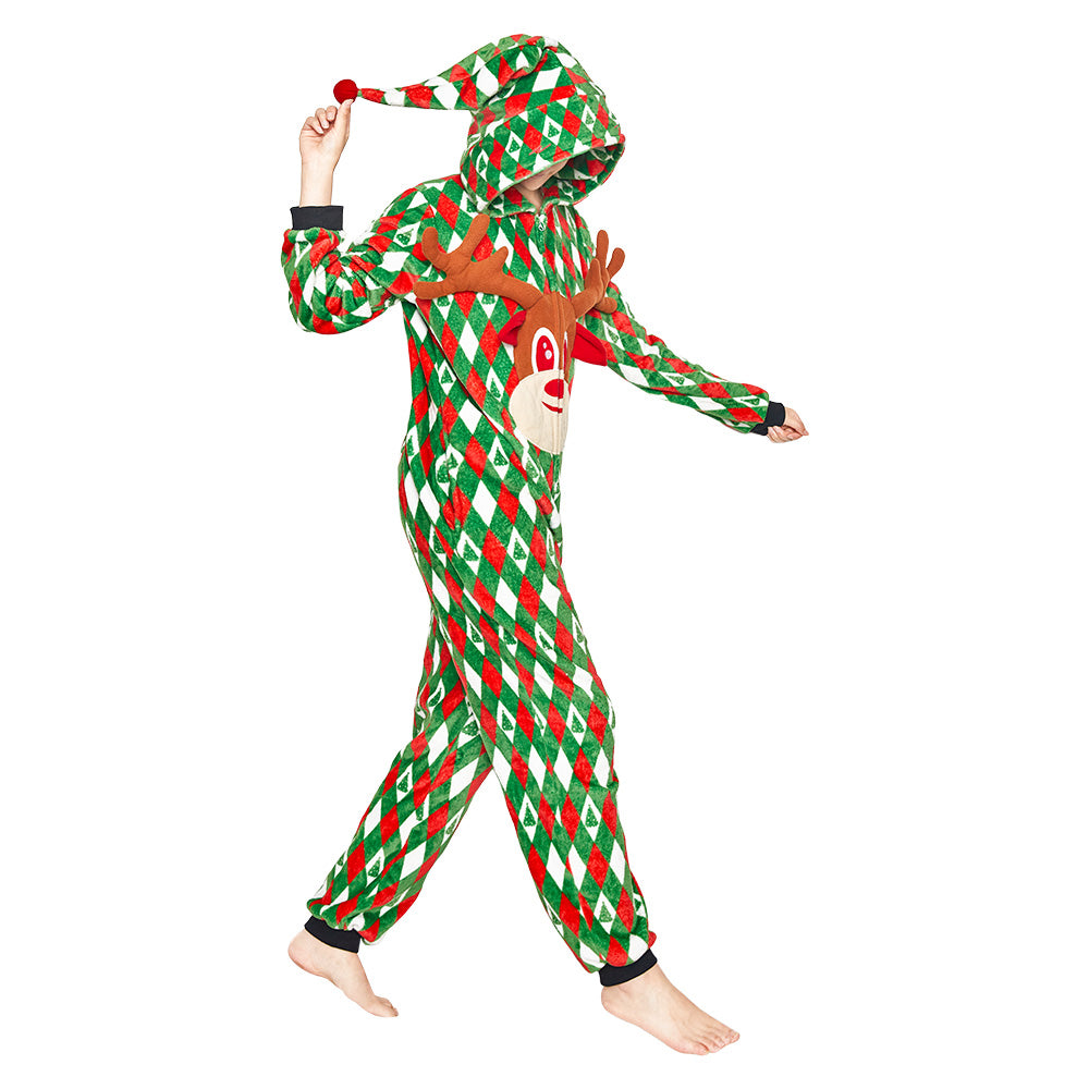 OLAOLA Printed Diamond Elk Flannel Pajamas Plush Animals Onesie Adult Soft Sleepwear Christmas Carnival Suit