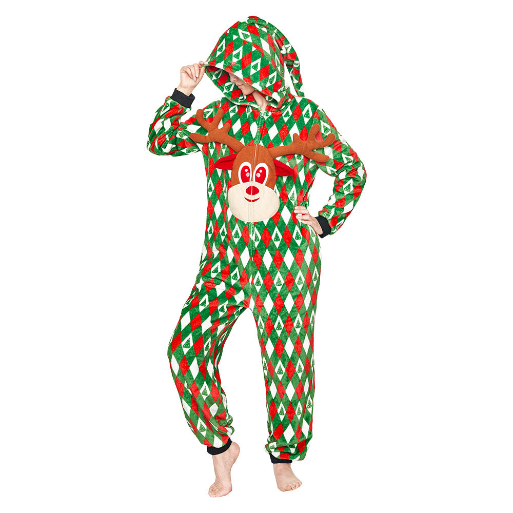 OLAOLA Printed Diamond Elk Flannel Pajamas Plush Animals Onesie Adult Soft Sleepwear Christmas Carnival Suit