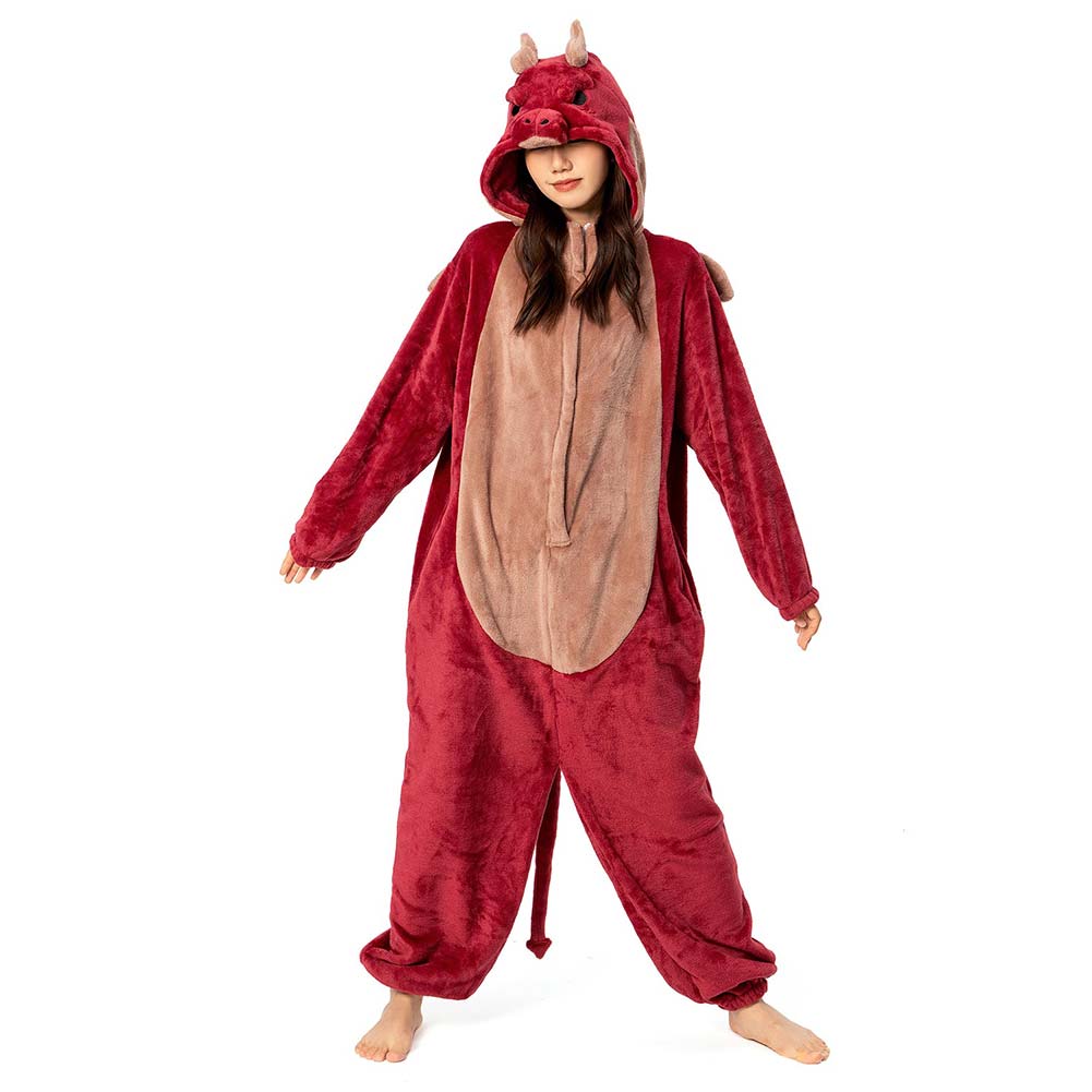OLAOLA Unisex Adult Plush Red Dragon Animals Onesie Pajamas Warm Home One-Piece Sleepwear
