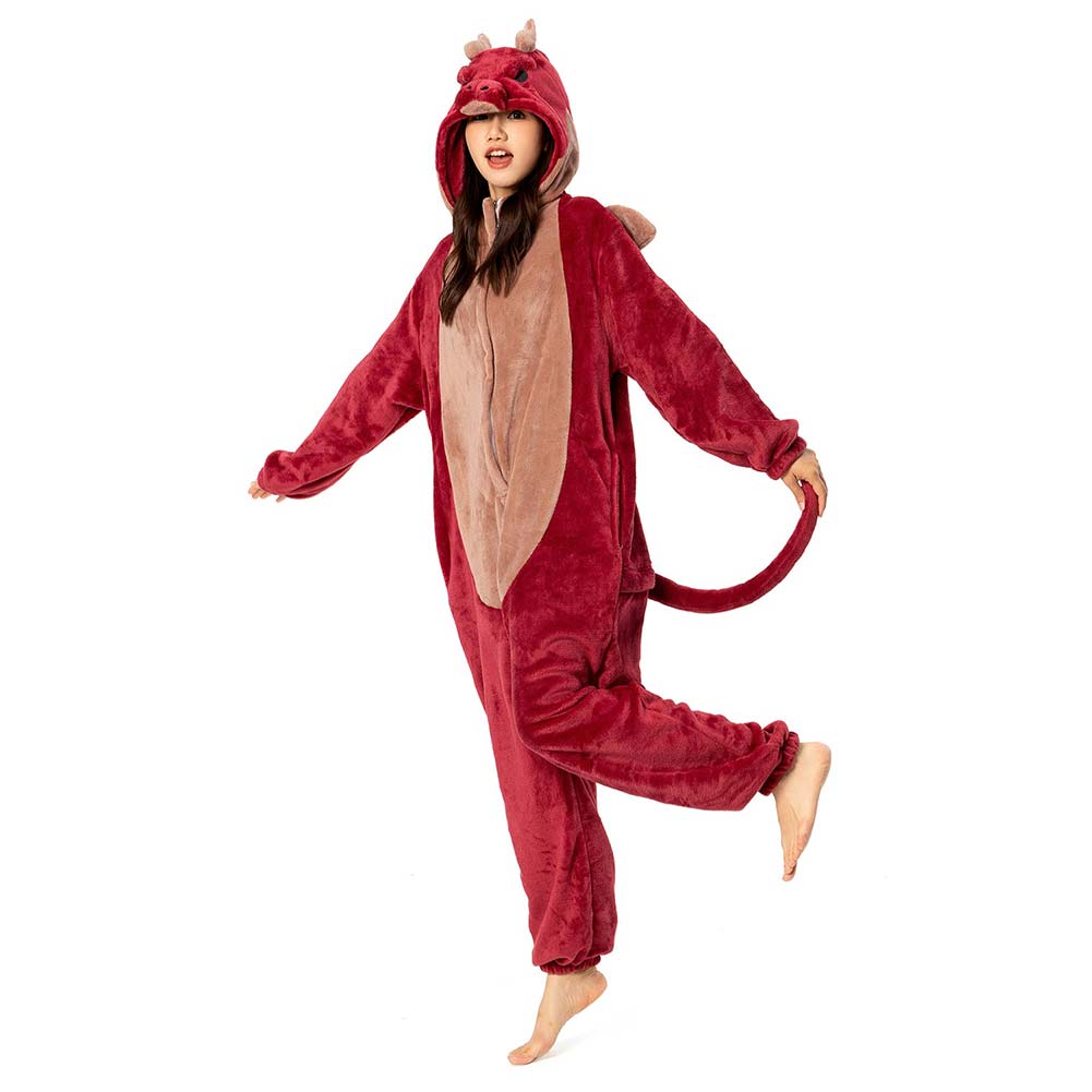 OLAOLA Unisex Adult Plush Red Dragon Animals Onesie Pajamas Warm Home One-Piece Sleepwear
