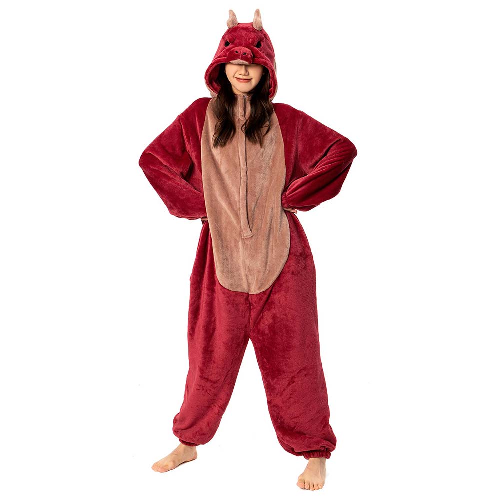 OLAOLA Unisex Adult Plush Red Dragon Animals Onesie Pajamas Warm Home One-Piece Sleepwear