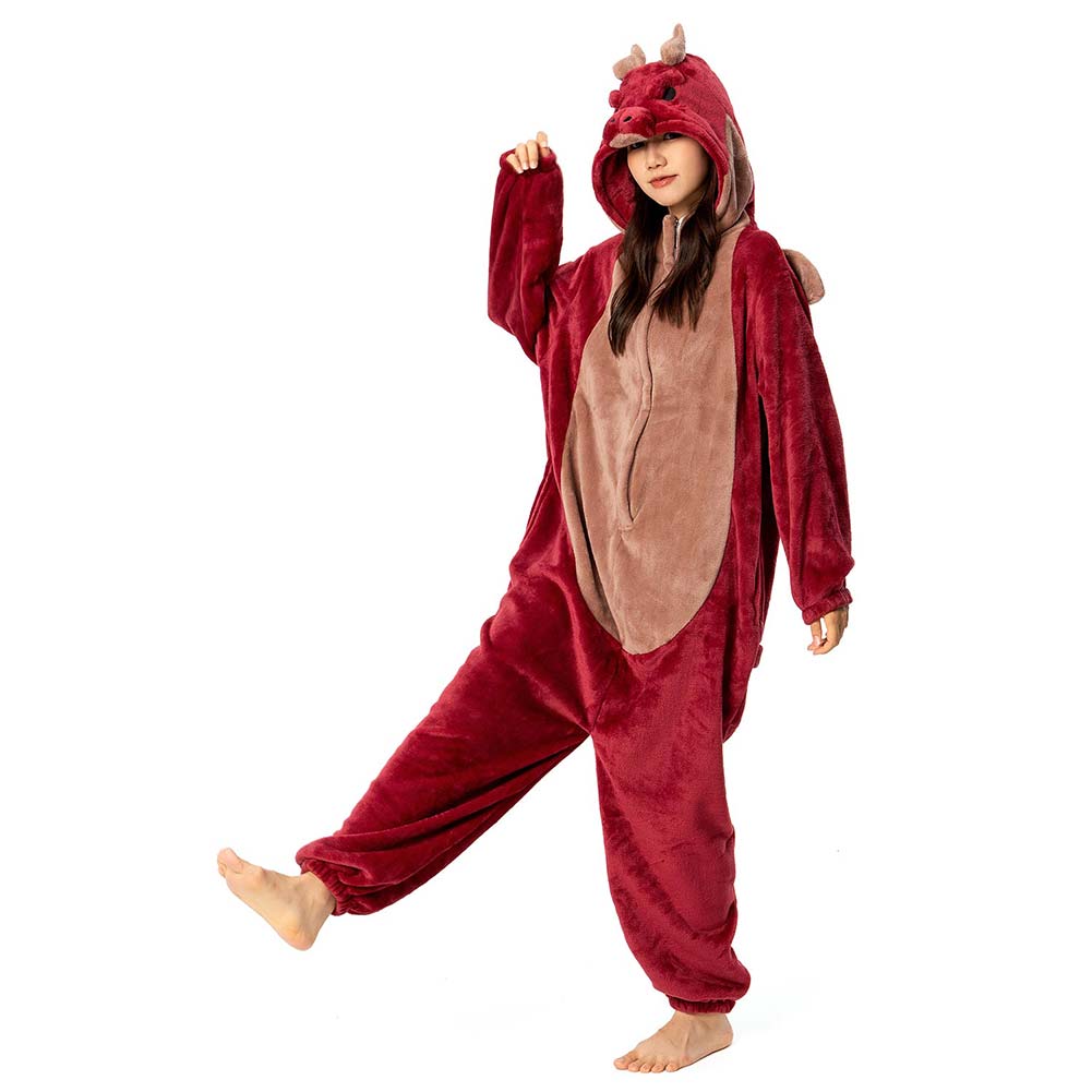 OLAOLA Unisex Adult Plush Red Dragon Animals Onesie Pajamas Warm Home One-Piece Sleepwear