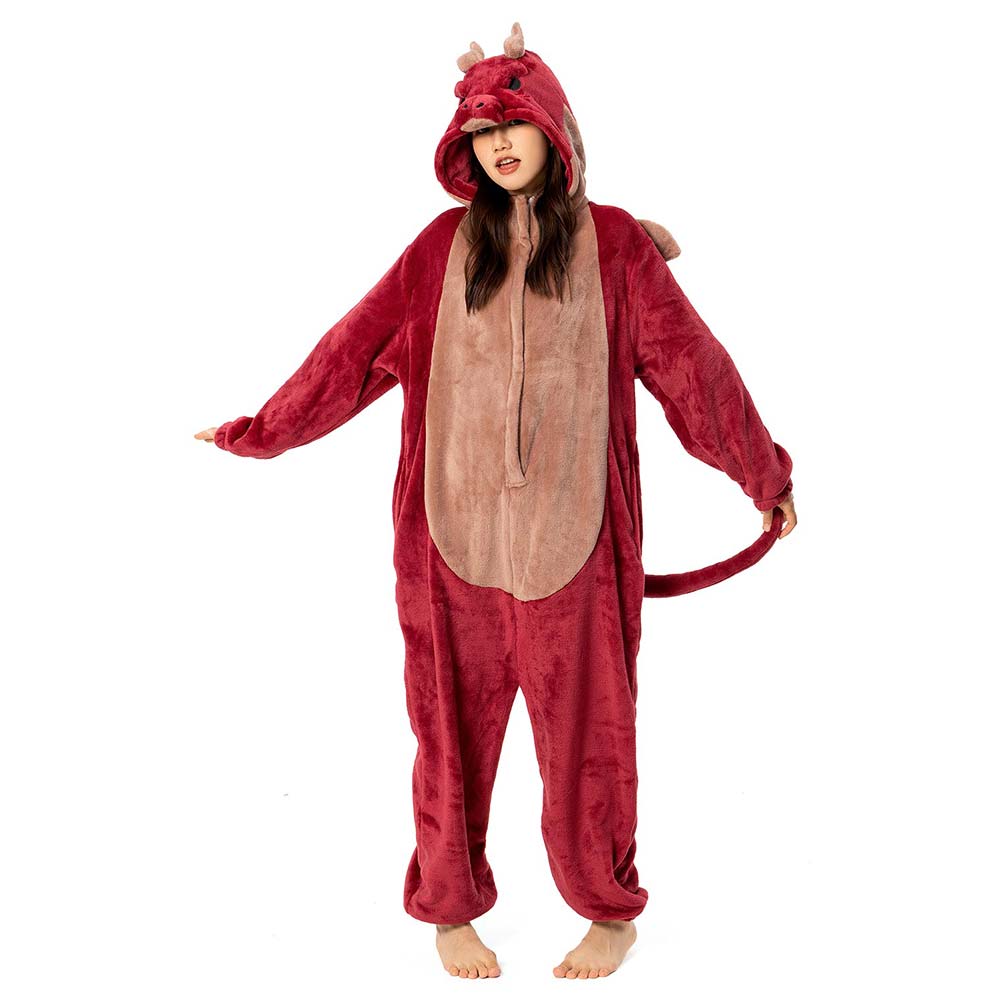 OLAOLA Unisex Adult Plush Red Dragon Animals Onesie Pajamas Warm Home One-Piece Sleepwear