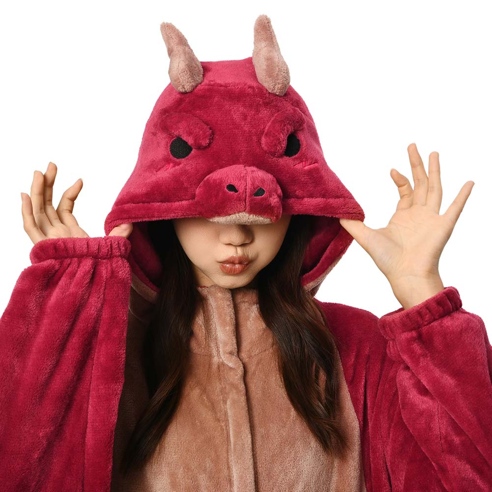 OLAOLA Unisex Adult Plush Red Dragon Animals Onesie Pajamas Warm Home One-Piece Sleepwear