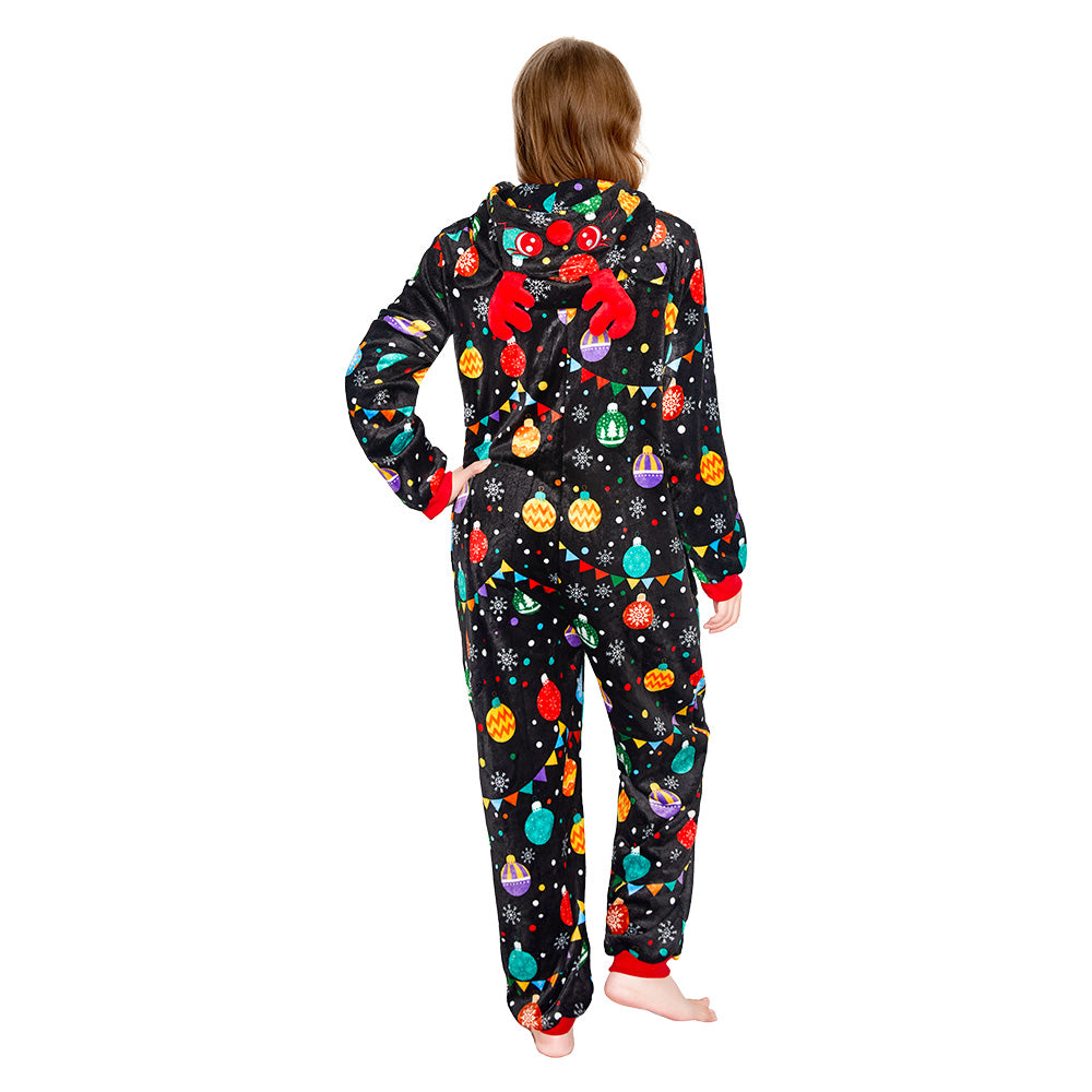 OLAOLA Elk Printed Colored Lights Black Pajamas Plush Animals Onesie Sleepwear Christmas Party Suit For Adult