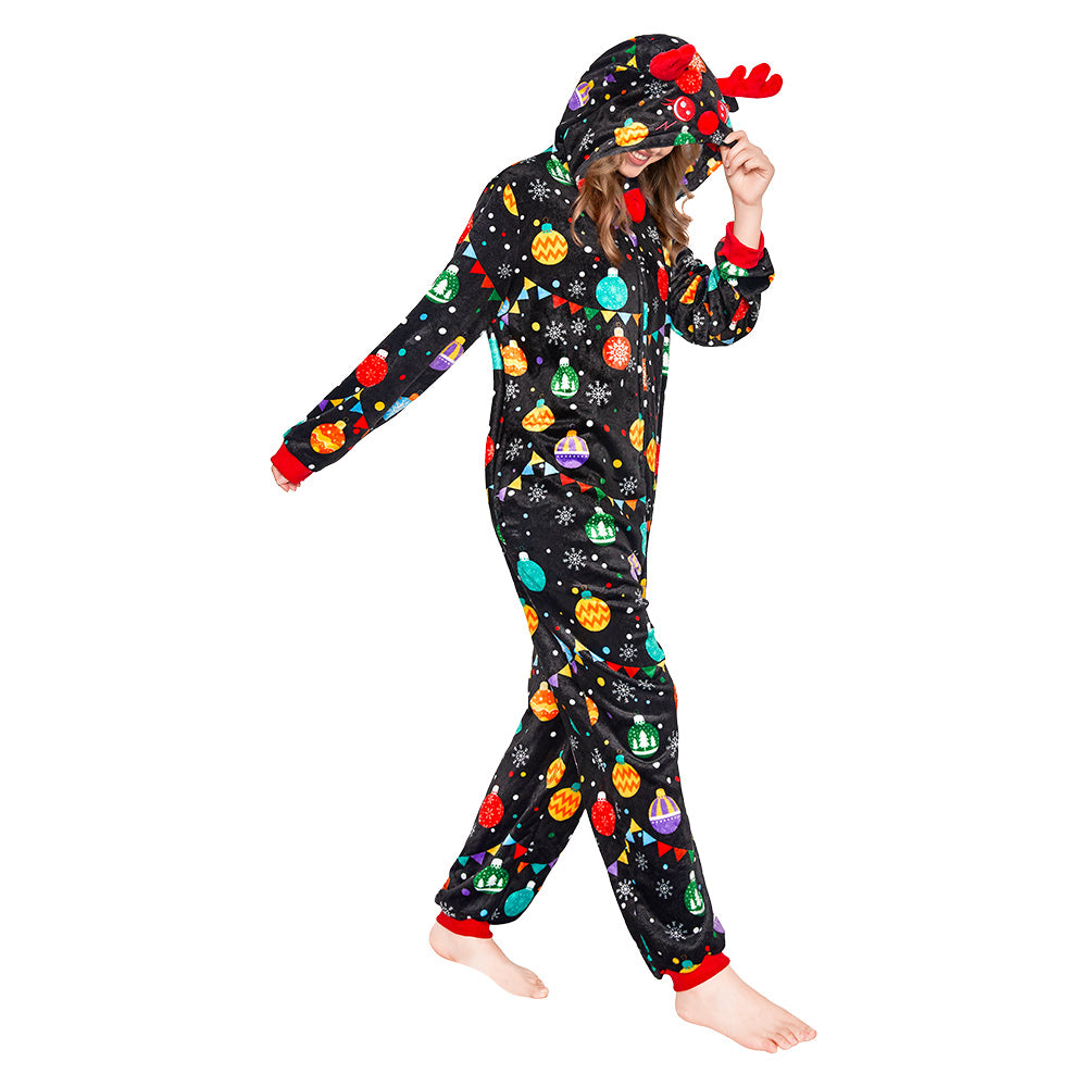 OLAOLA Elk Printed Colored Lights Black Pajamas Plush Animals Onesie Sleepwear Christmas Party Suit For Adult
