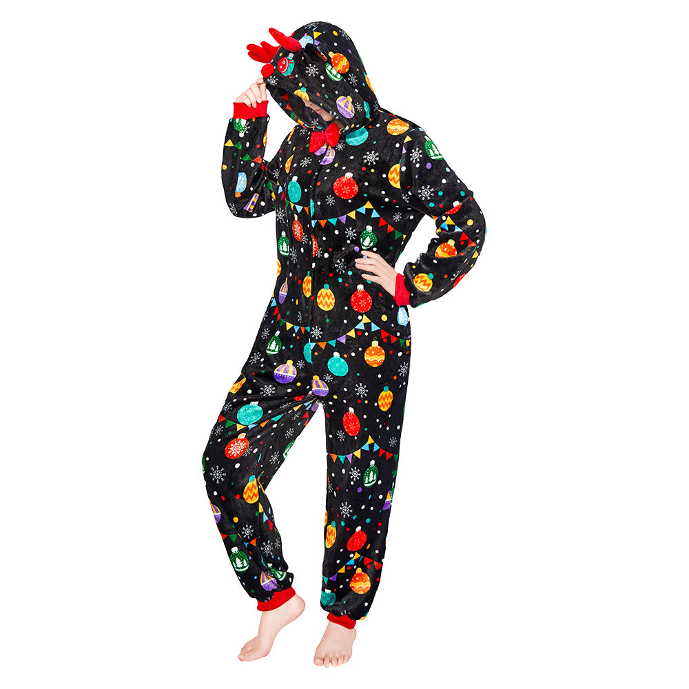 OLAOLA Elk Printed Colored Lights Black Pajamas Plush Animals Onesie Sleepwear Christmas Party Suit For Adult