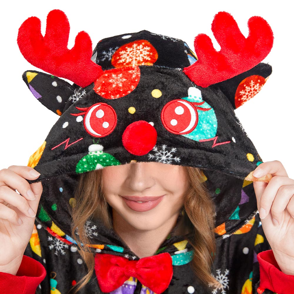 OLAOLA Elk Printed Colored Lights Black Pajamas Plush Animals Onesie Sleepwear Christmas Party Suit For Adult