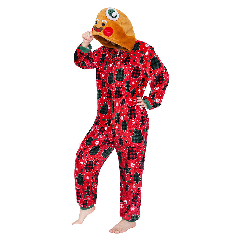 OLAOLA Red Gingerbread Man Printed Adult Pajamas Plush Sleeping Onesie Warm Home One-Piece Sleepwear Christmas Party Suit