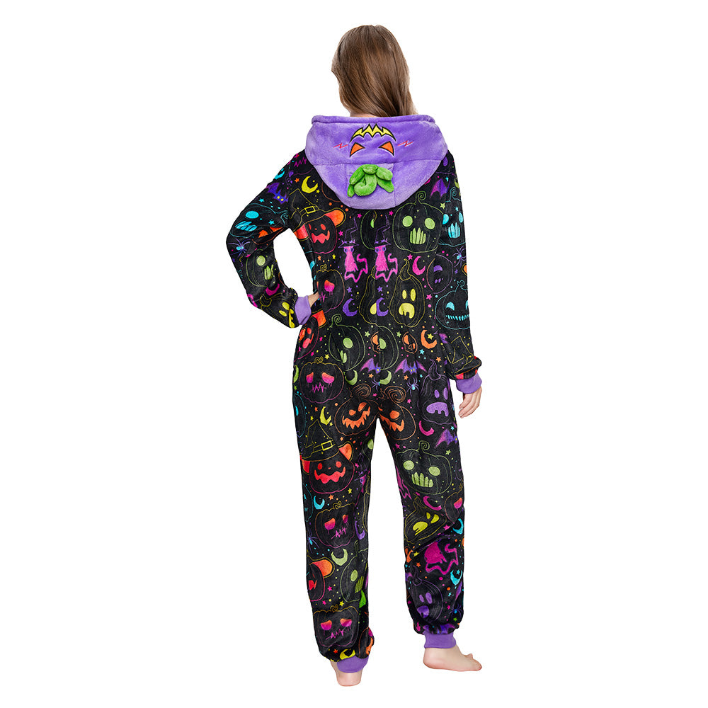 OLAOLA Purple Pumpkin Printed Pajamas Plush Animals Onesie Adult Soft Sleepwear Halloween Carnival Suit