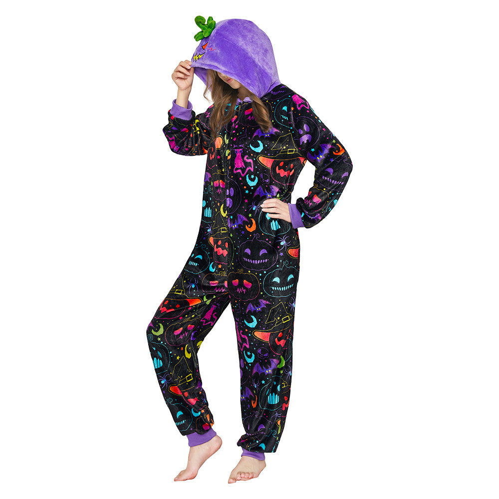 OLAOLA Purple Pumpkin Printed Pajamas Plush Animals Onesie Adult Soft Sleepwear Halloween Carnival Suit
