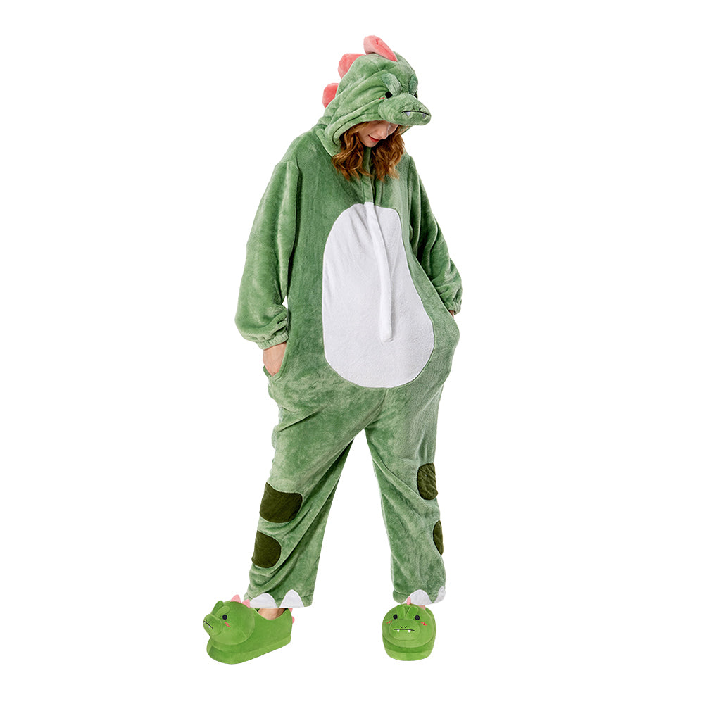 OLAOLA Unisex Plüsch-Einteiler für Erwachsene mit grünem Dinosaurier-Motiv – Warmer Schlafanzug für Zuhause