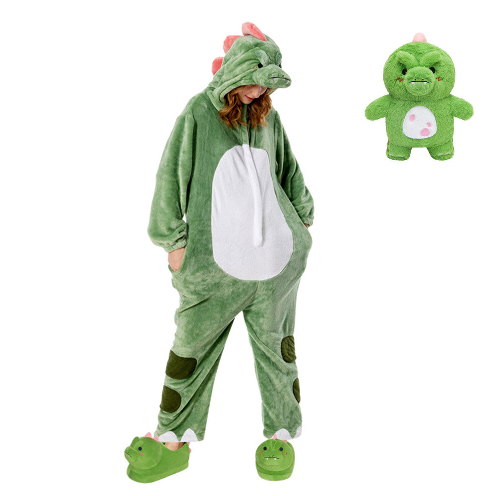OLAOLA Unisex Plüsch-Einteiler für Erwachsene mit grünem Dinosaurier-Motiv – Warmer Schlafanzug für Zuhause