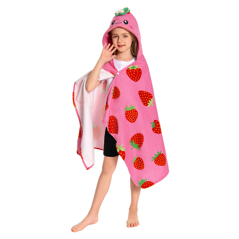 OLAOLA Kids Strawberry Printed Hooded Beach Towels Soft Absorbent Swim Pool Towels Poncho Food Onesie