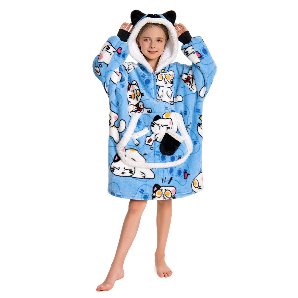Kids OLAOLA Blue Cat Kawaii Kitty Wearable Blanket Hoodie Food Onesie Oversized Soft Homewear With Giant Pocket