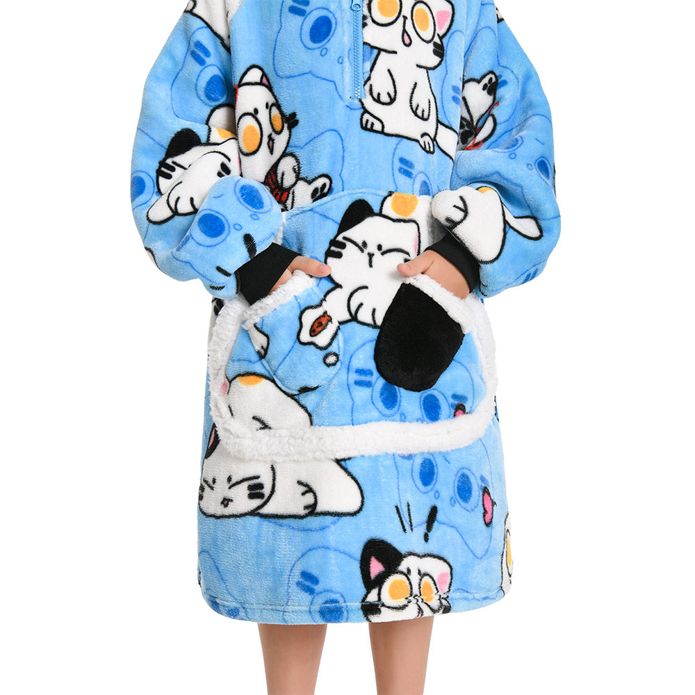 Kids OLAOLA Blue Cat Kawaii Kitty Wearable Blanket Hoodie Food Onesie Oversized Soft Homewear With Giant Pocket
