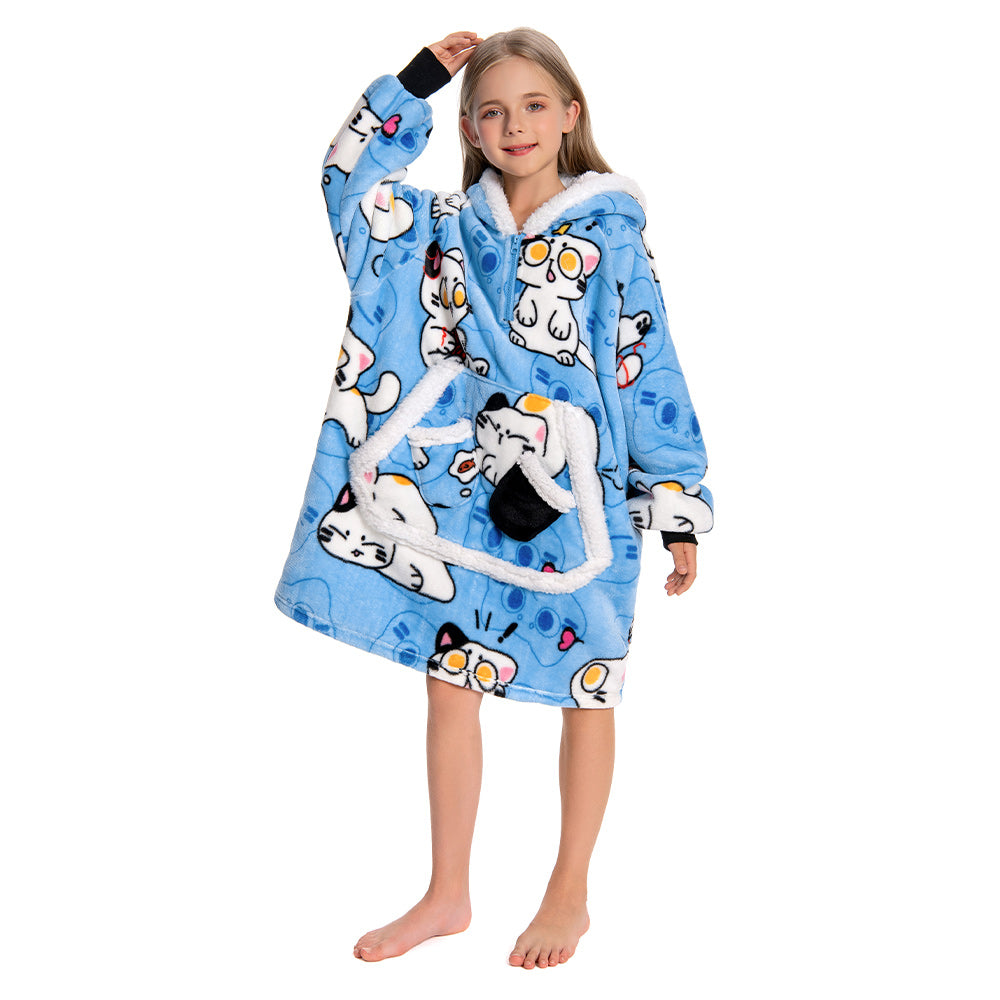 Kids OLAOLA Blue Cat Kawaii Kitty Wearable Blanket Hoodie Food Onesie Oversized Soft Homewear With Giant Pocket