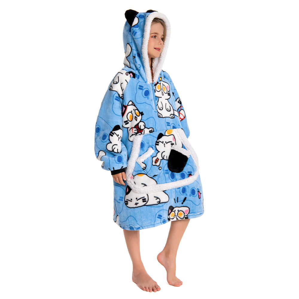 Kids OLAOLA Blue Cat Kawaii Kitty Wearable Blanket Hoodie Food Onesie Oversized Soft Homewear With Giant Pocket