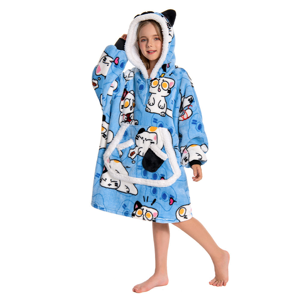 Kids OLAOLA Blue Cat Kawaii Kitty Wearable Blanket Hoodie Food Onesie Oversized Soft Homewear With Giant Pocket