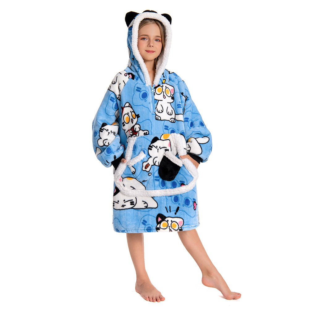 Kids OLAOLA Blue Cat Kawaii Kitty Wearable Blanket Hoodie Food Onesie Oversized Soft Homewear With Giant Pocket