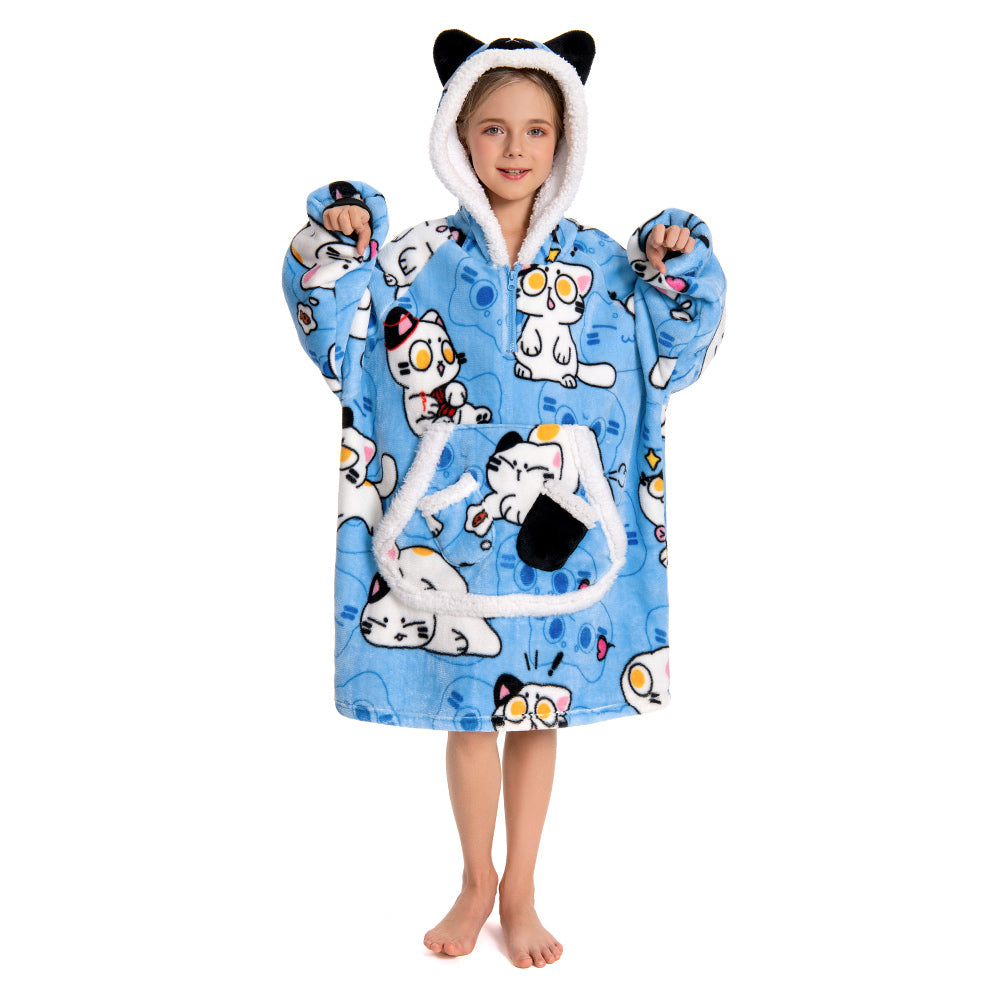 Kids OLAOLA Blue Cat Kawaii Kitty Wearable Blanket Hoodie Food Onesie Oversized Soft Homewear With Giant Pocket