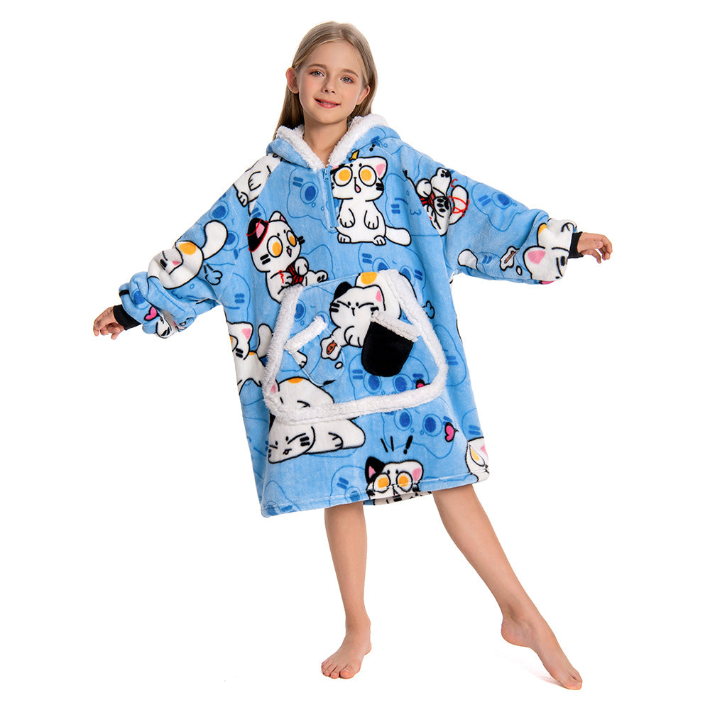 Kids OLAOLA Blue Cat Kawaii Kitty Wearable Blanket Hoodie Food Onesie Oversized Soft Homewear With Giant Pocket