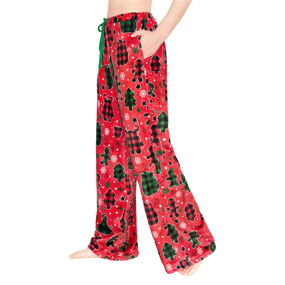 OLAOLA Gingerbread Man Christmas Red Printed Fuzzy Plush Pajama Pants Sleeping Bottoms Pants Animals Onesie