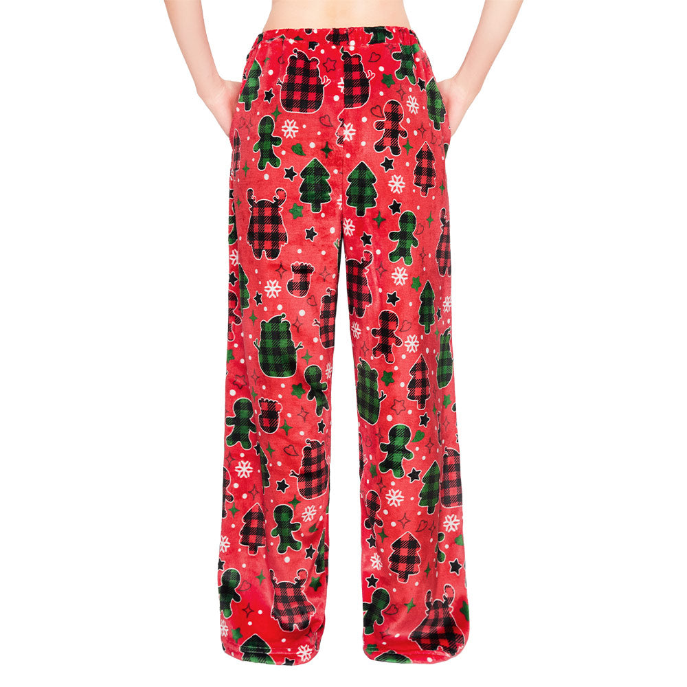 OLAOLA Gingerbread Man Christmas Red Printed Fuzzy Plush Pajama Pants Sleeping Bottoms Pants Animals Onesie