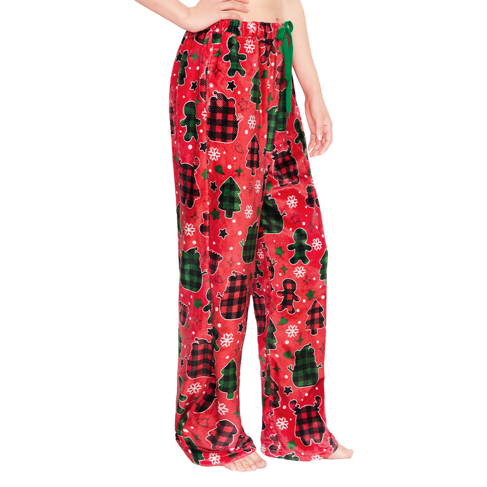 OLAOLA Gingerbread Man Christmas Red Printed Fuzzy Plush Pajama Pants Sleeping Bottoms Pants Animals Onesie