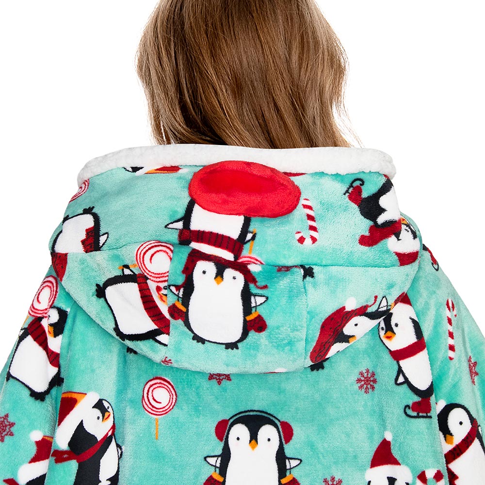 OLAOLA Penguin Blue Wearable Blanket Hoodie Animals Onesie Oversized Soft Homwear With Giant Pocket For Adult