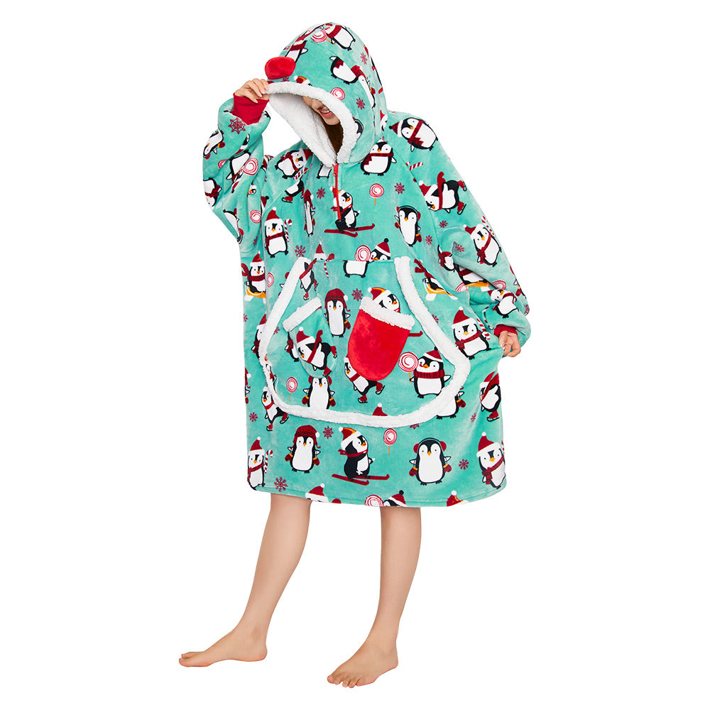 OLAOLA Penguin Blue Wearable Blanket Hoodie Animals Onesie Oversized Soft Homwear With Giant Pocket For Adult