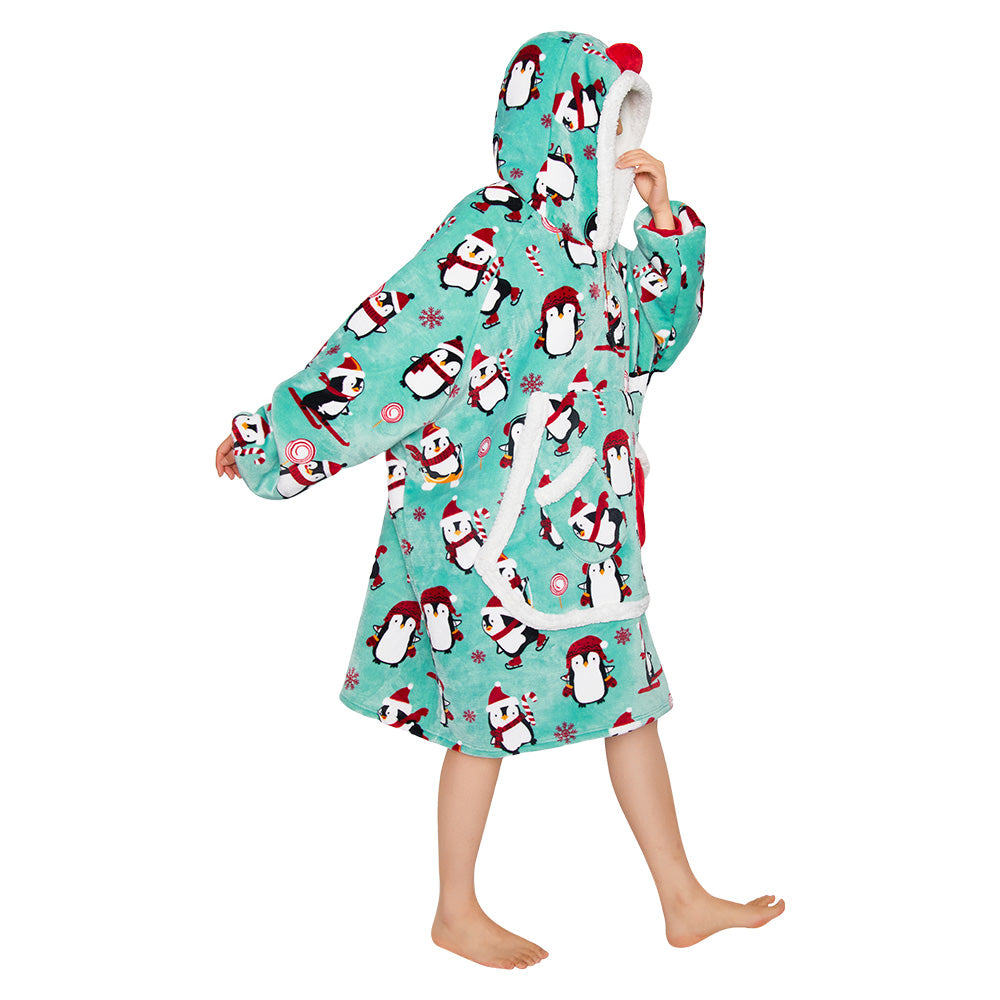 OLAOLA Penguin Blue Wearable Blanket Hoodie Animals Onesie Oversized Soft Homwear With Giant Pocket For Adult