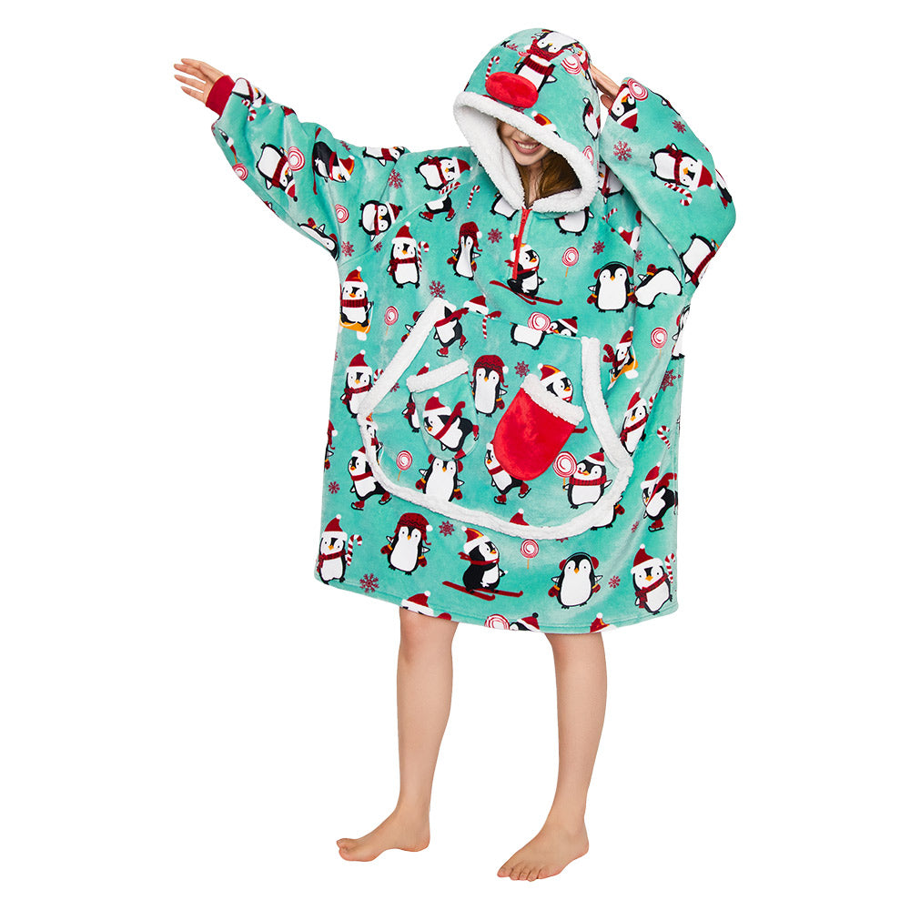 OLAOLA Penguin Blue Wearable Blanket Hoodie Animals Onesie Oversized Soft Homwear With Giant Pocket For Adult