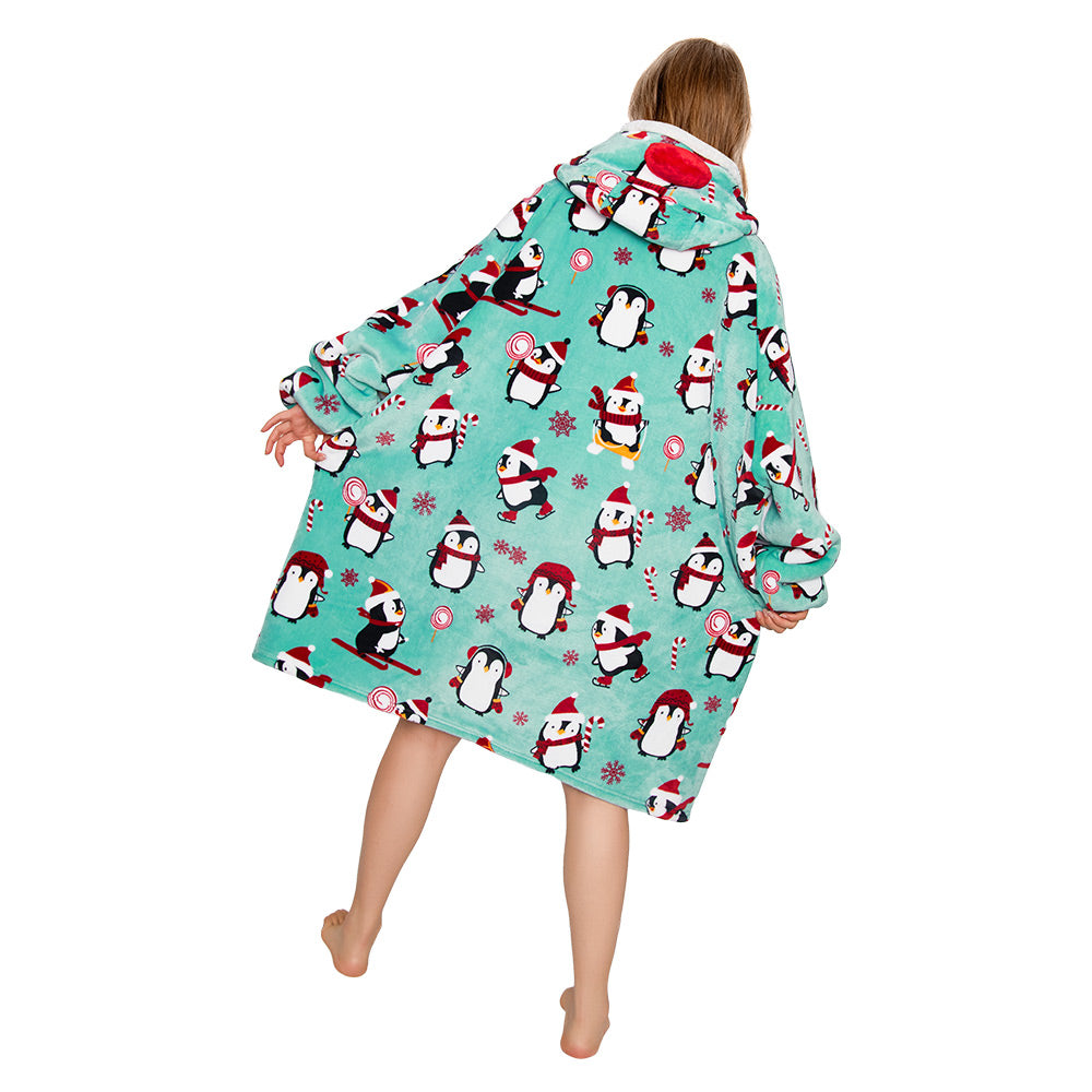 OLAOLA Penguin Blue Wearable Blanket Hoodie Animals Onesie Oversized Soft Homwear With Giant Pocket For Adult