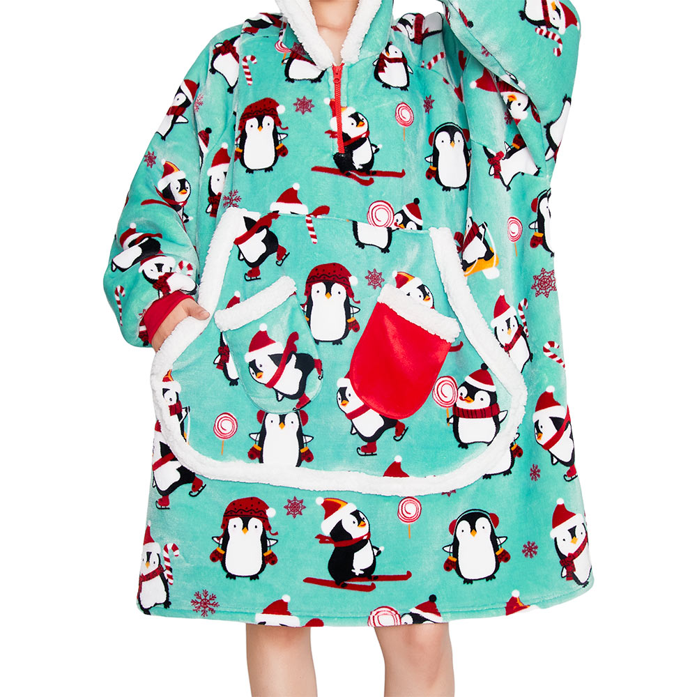OLAOLA Penguin Blue Wearable Blanket Hoodie Animals Onesie Oversized Soft Homwear With Giant Pocket For Adult