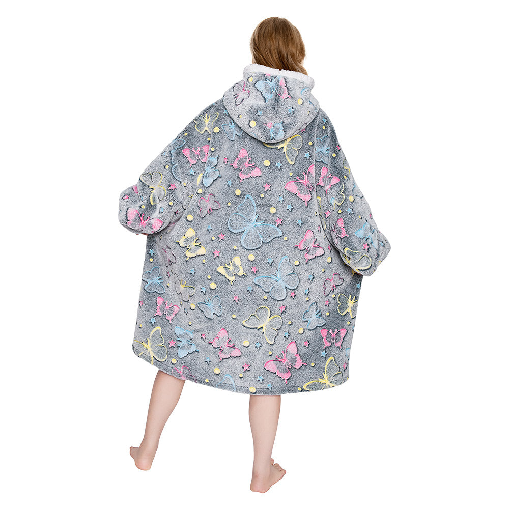 OLAOLA Printed Butterfly Luminous Glow In The Dark Wearable Hoodie Animals Onesie Oversized Soft Homewear For Adult