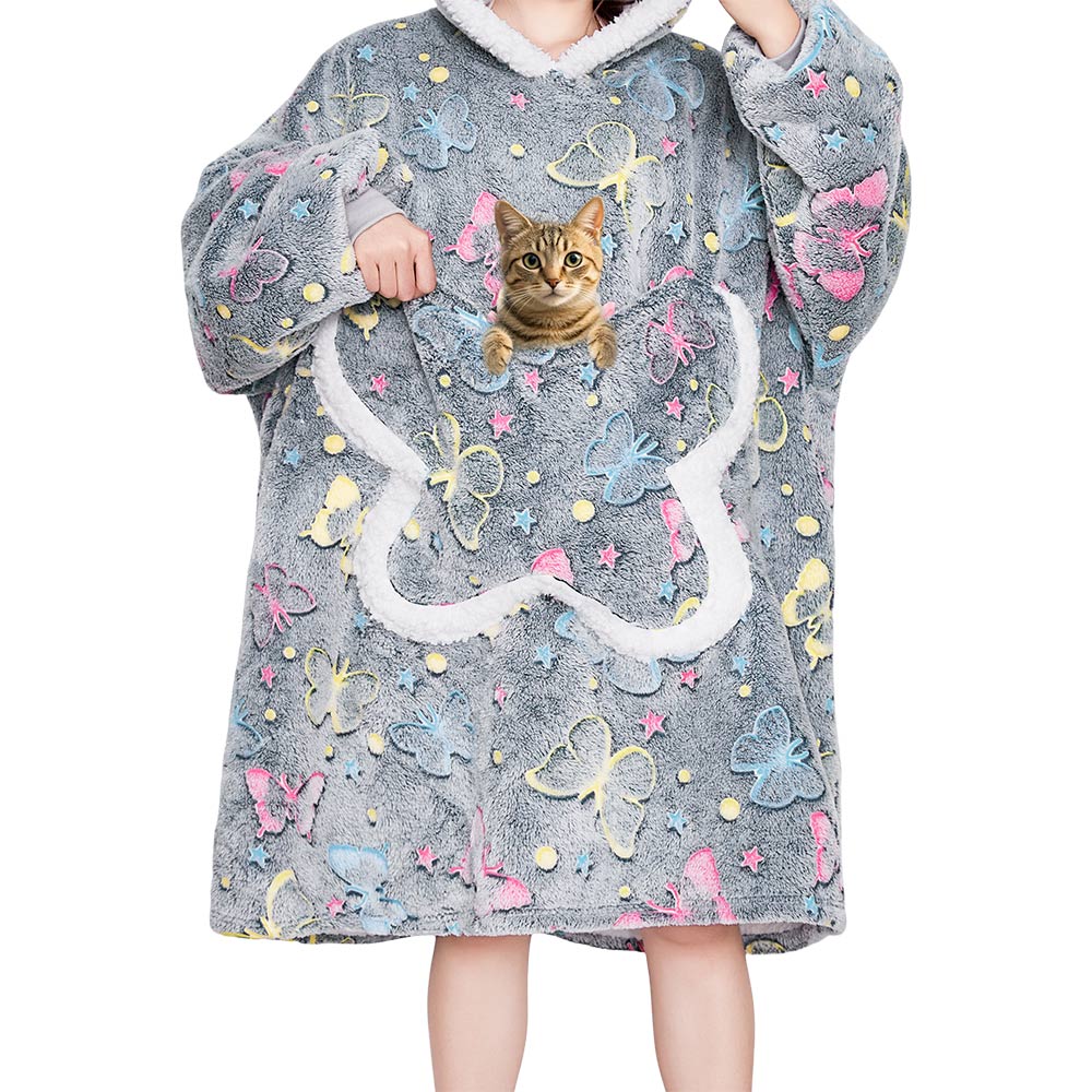 OLAOLA Printed Butterfly Luminous Glow In The Dark Wearable Hoodie Animals Onesie Oversized Soft Homewear For Adult