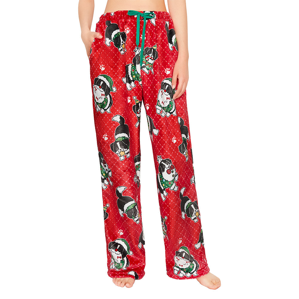 OLAOLA Christmas Dog Printed Fuzzy Plush Pajama Pants Drawstring Elastic Waist Wide Leg Pj Bottoms Lounge Pants Animals Onesie