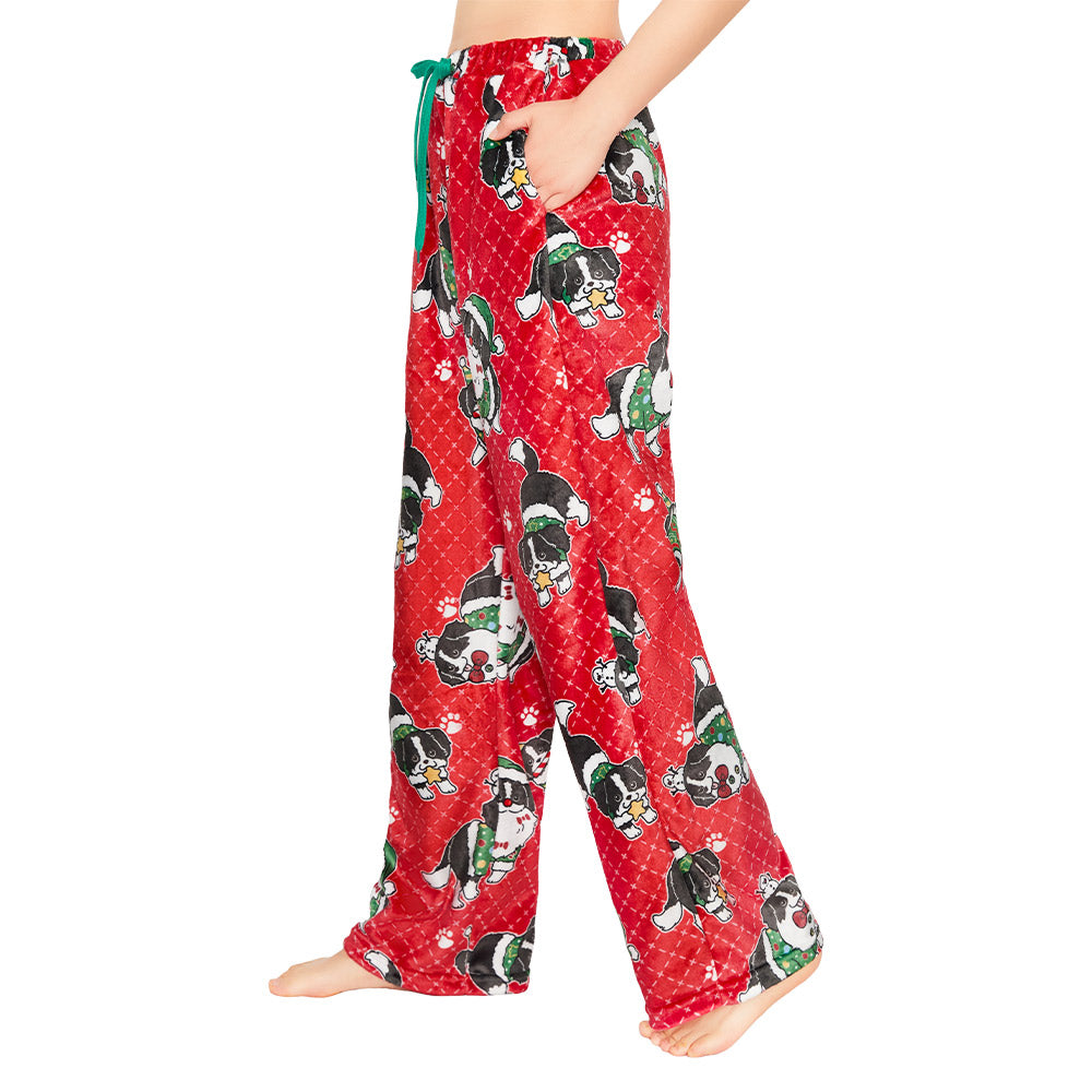 OLAOLA Christmas Dog Printed Fuzzy Plush Pajama Pants Drawstring Elastic Waist Wide Leg Pj Bottoms Lounge Pants Animals Onesie