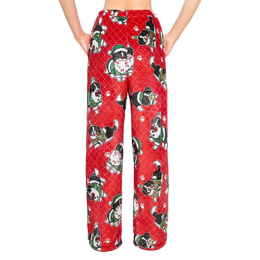 OLAOLA Christmas Dog Printed Fuzzy Plush Pajama Pants Drawstring Elastic Waist Wide Leg Pj Bottoms Lounge Pants Animals Onesie