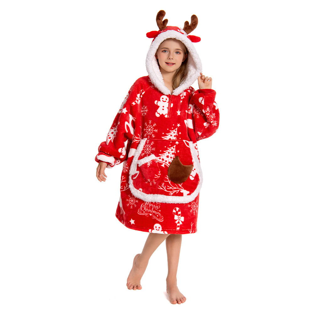 Kids OLAOLA Red Reindeer Wearable Blanket Hoodie Elk Animals Christmas Onesie Oversized Soft Homewear With Giant Pocket