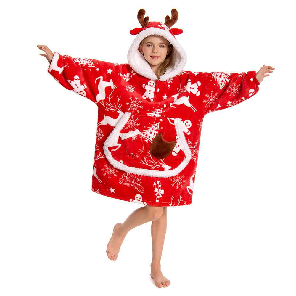 Kids OLAOLA Red Reindeer Wearable Blanket Hoodie Elk Animals Christmas Onesie Oversized Soft Homewear With Giant Pocket