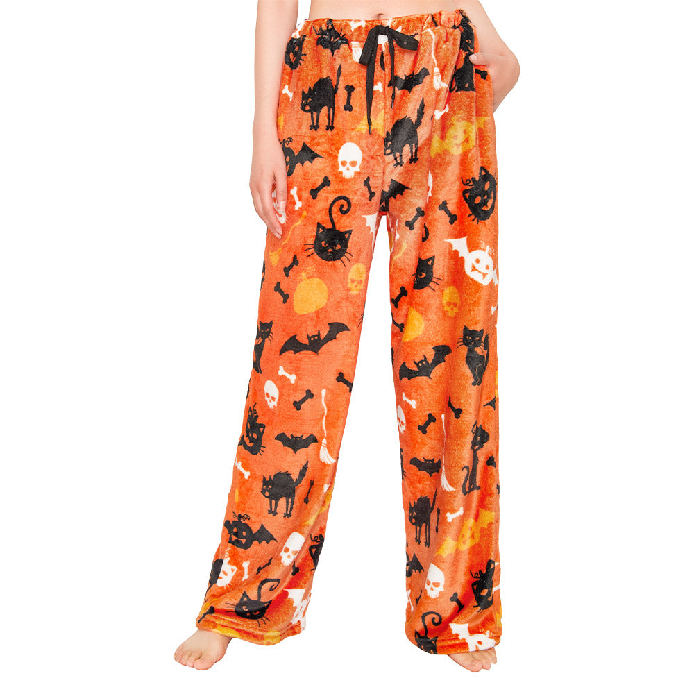 OLAOLA Printed Cat Pumpkin Fuzzy Plush Pajama Pants Drawstring Elastic Waist Wide Leg Lounge Pants Halloween Animals Onesie