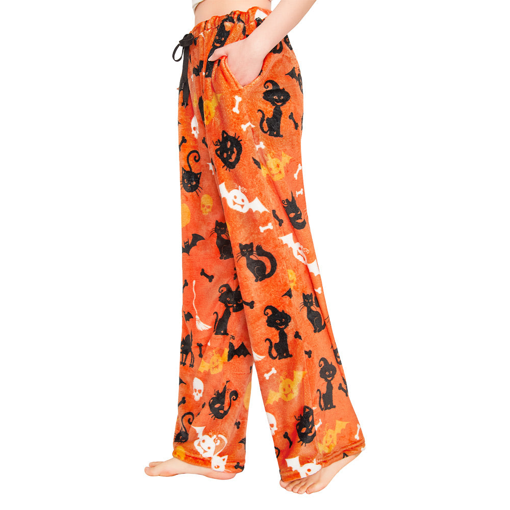 OLAOLA Printed Cat Pumpkin Fuzzy Plush Pajama Pants Drawstring Elastic Waist Wide Leg Lounge Pants Halloween Animals Onesie